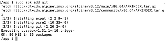 Установка Git на Alpine Linux Скриншот установки Git на Alpine Linux